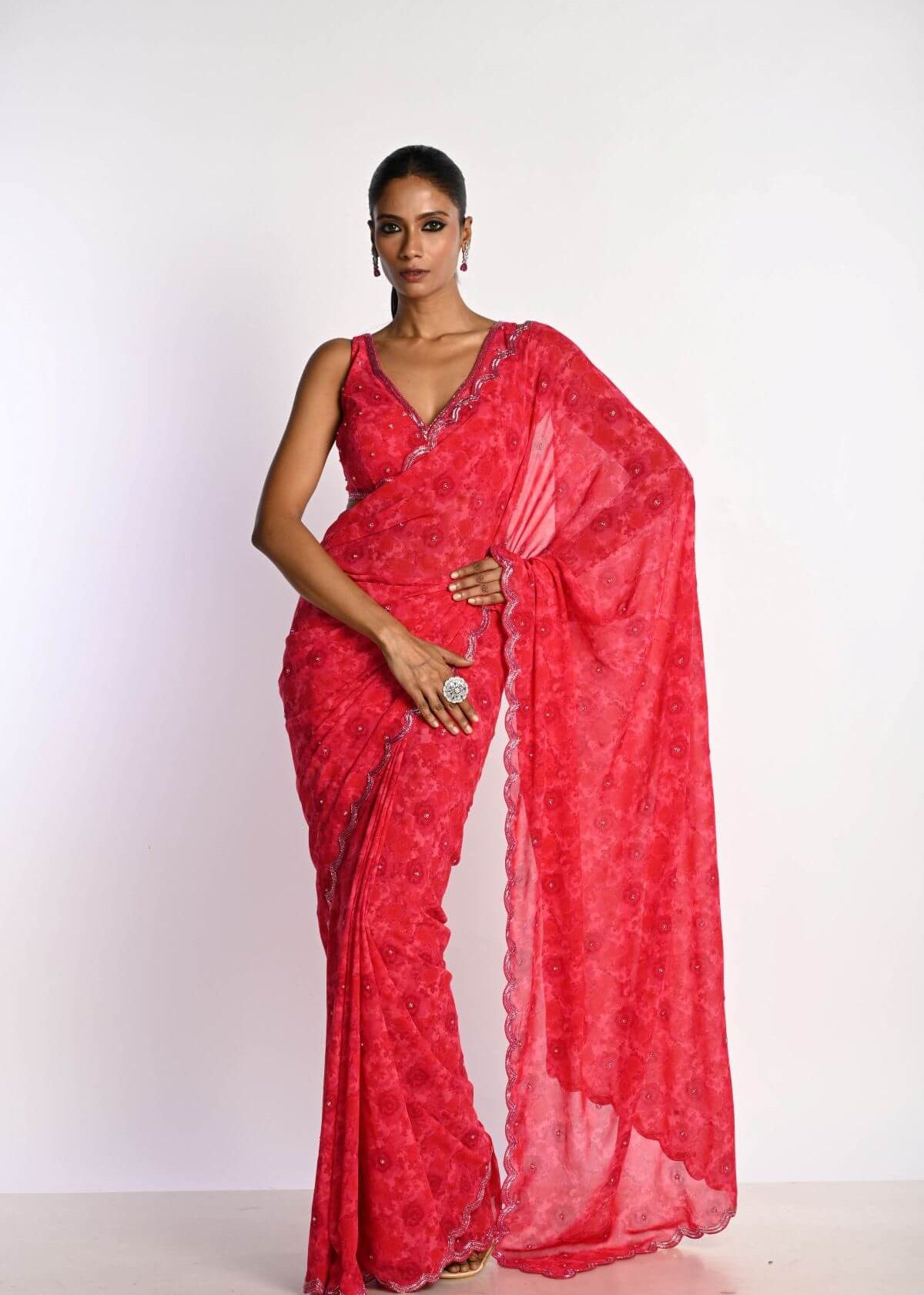 Pink Printed Saree in Georgette with Cut dana and Pearl Embroidery - Anvi Couture