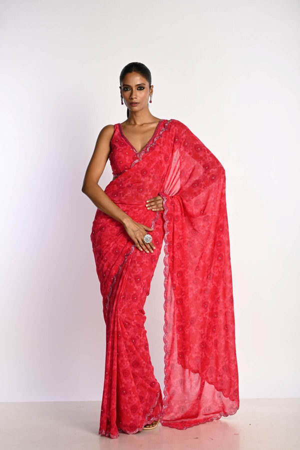 Pink Printed Saree in Georgette with Cut dana and Pearl Embroidery - Anvi Couture - Front