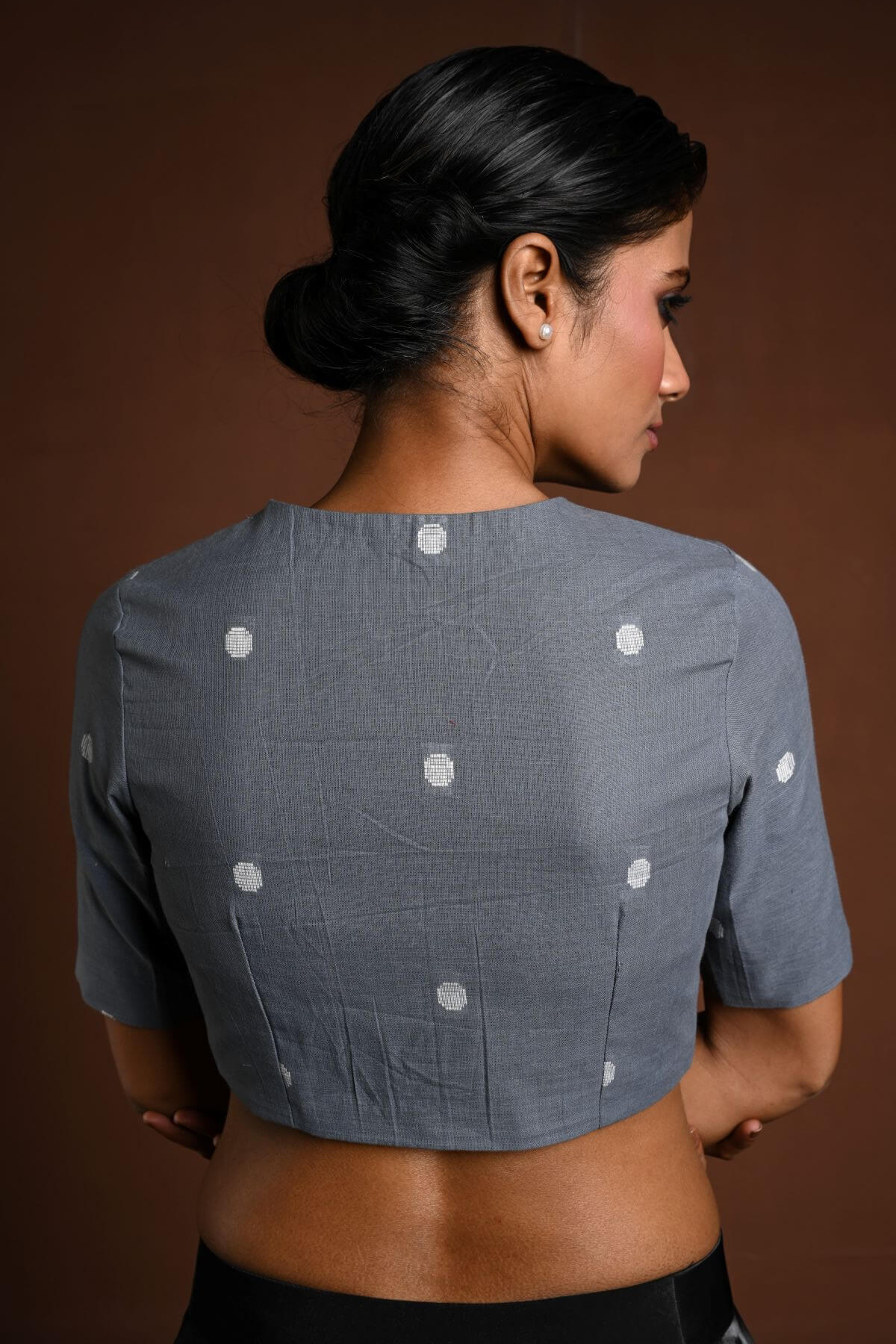 Gray Half Sleeve Blouse in Cotton with High Neck - Anvi Couture