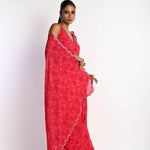 Pink Printed Saree in Georgette with Cut dana and Pearl Embroidery - Anvi Couture