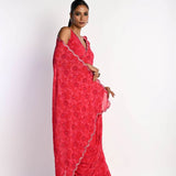 Pink Printed Saree in Georgette with Cut dana and Pearl Embroidery - Anvi Couture