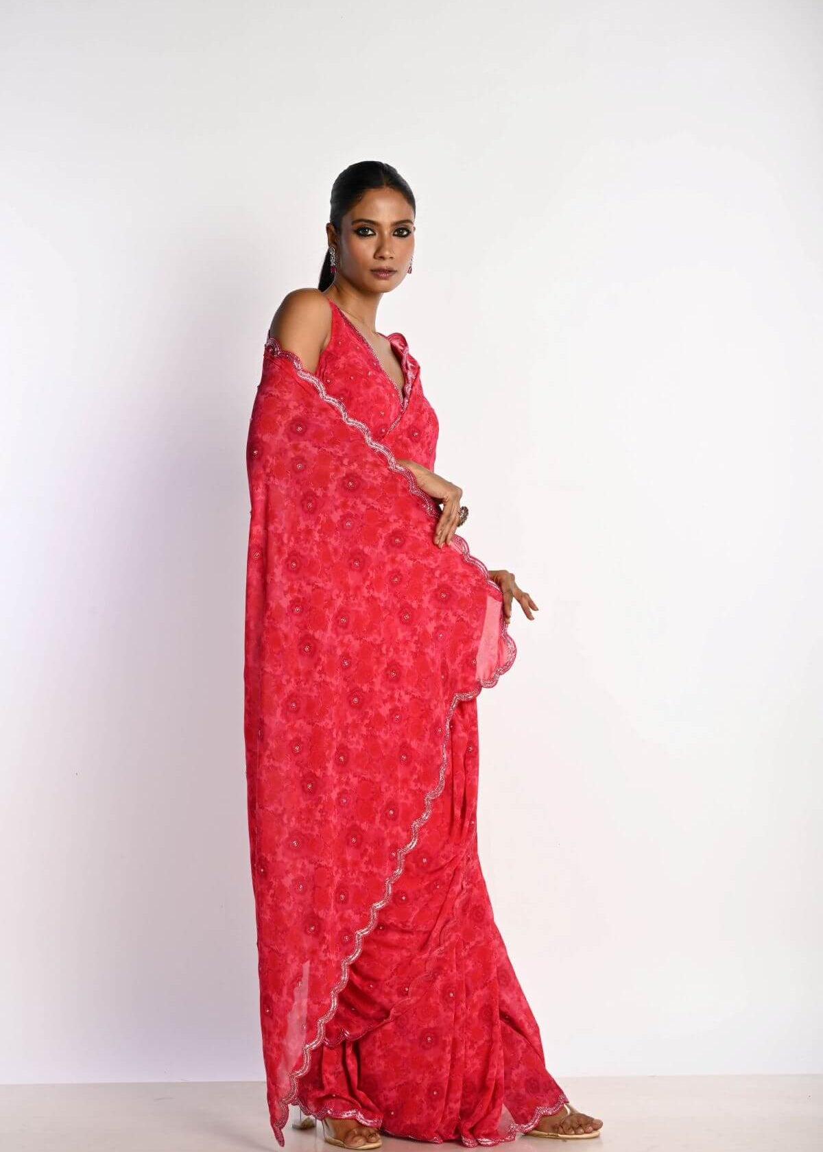 Pink Printed Saree in Georgette with Cut dana and Pearl Embroidery - Anvi Couture