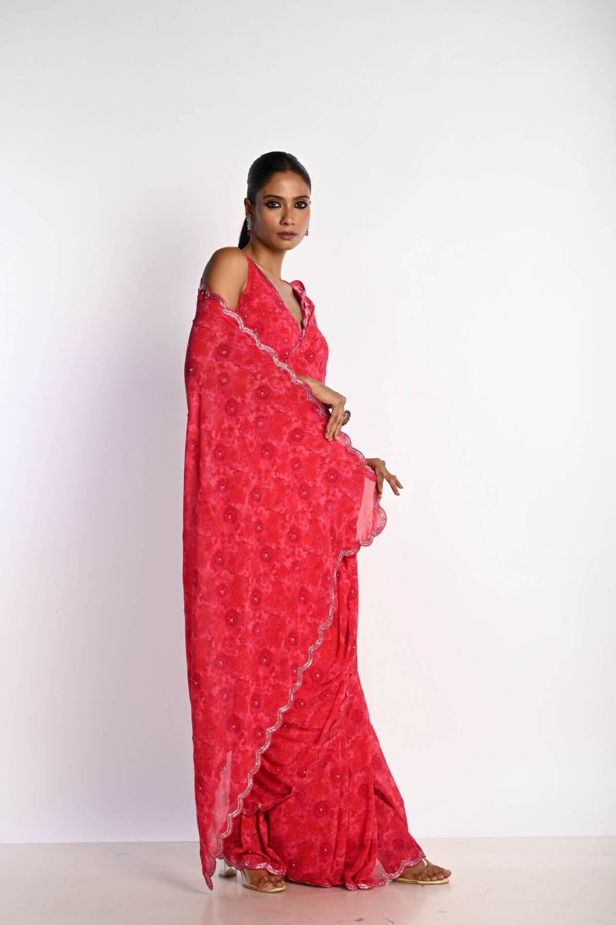 Pink Printed Saree in Georgette with Cut dana and Pearl Embroidery - Anvi Couture