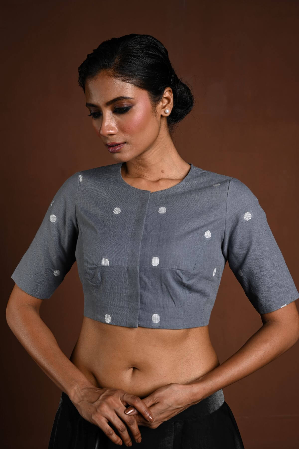 Gray Half Sleeve Blouse in Cotton with High Neck - Anvi Couture