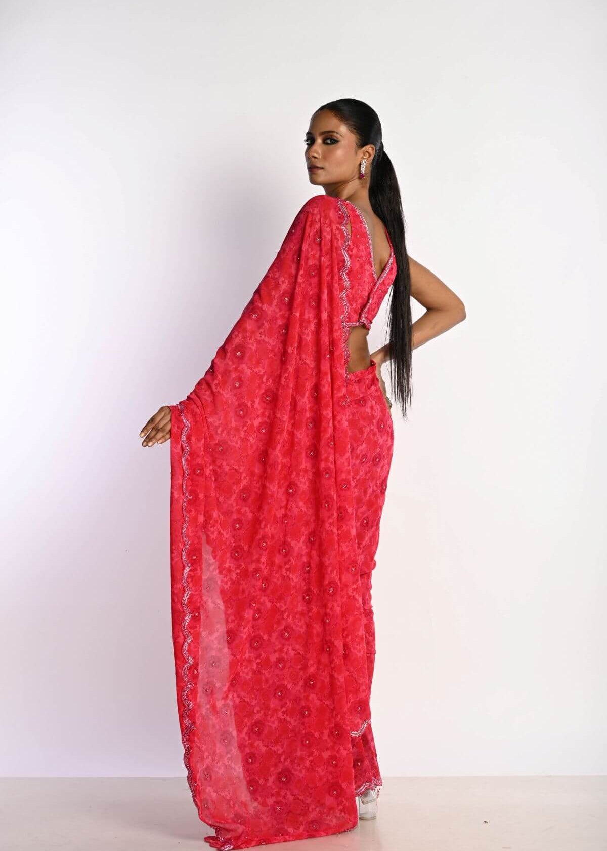 Pink Printed Saree in Georgette with Cut dana and Pearl Embroidery - Anvi Couture