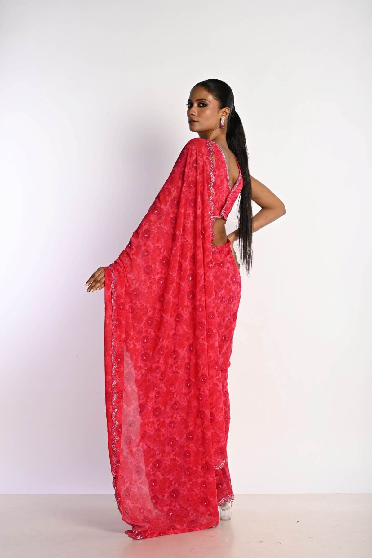 Pink Printed Saree in Georgette with Cut dana and Pearl Embroidery - Anvi Couture