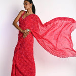 Pink Printed Saree in Georgette with Cut dana and Pearl Embroidery - Anvi Couture