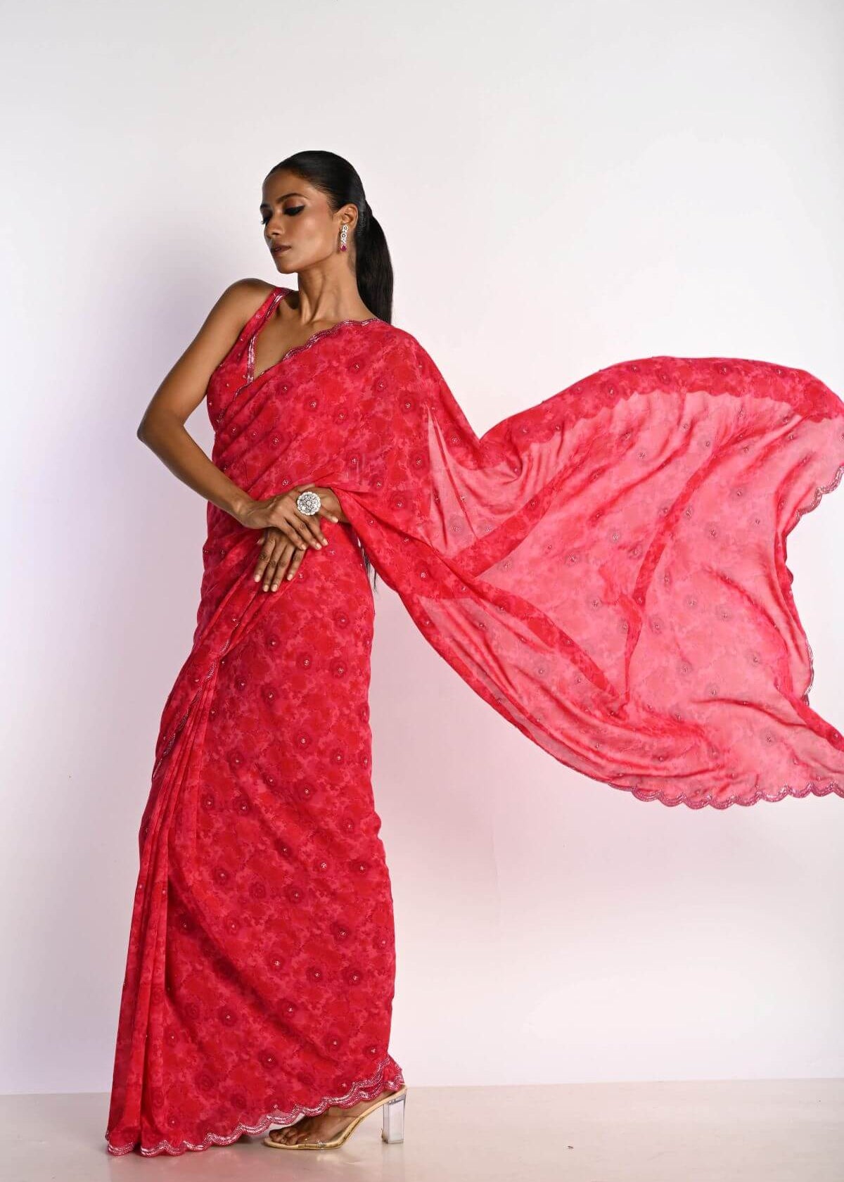 Pink Printed Saree in Georgette with Cut dana and Pearl Embroidery - Anvi Couture