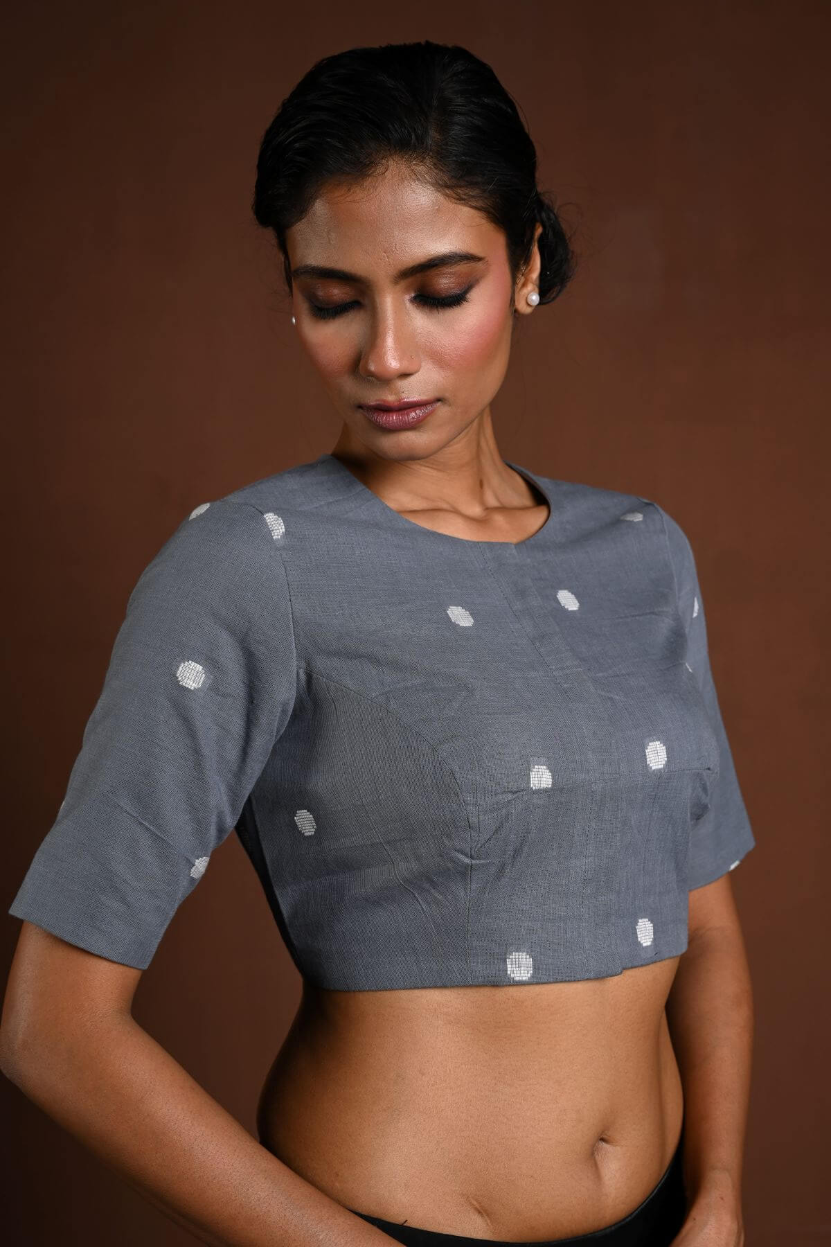 Gray Half Sleeve Blouse in Cotton with High Neck - Anvi Couture