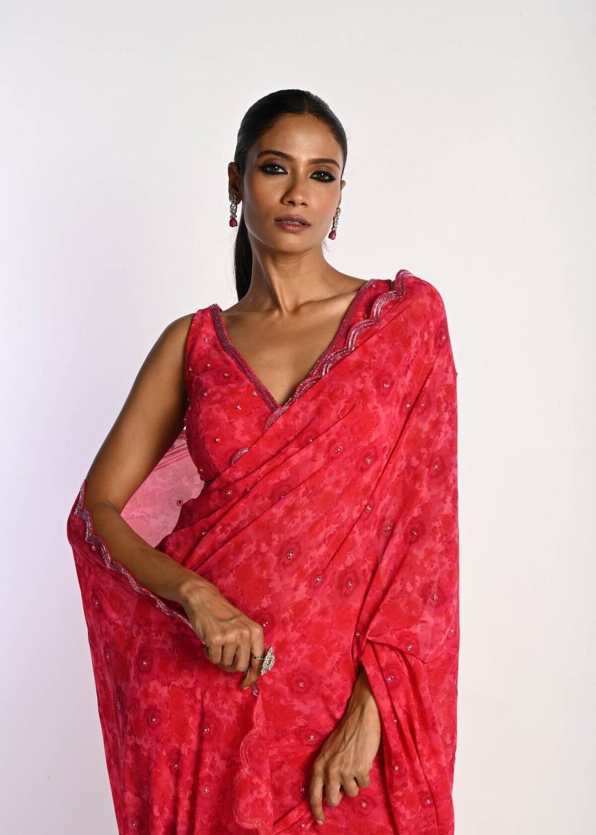 Pink Printed Saree in Georgette with Cut dana and Pearl Embroidery - Anvi Couture