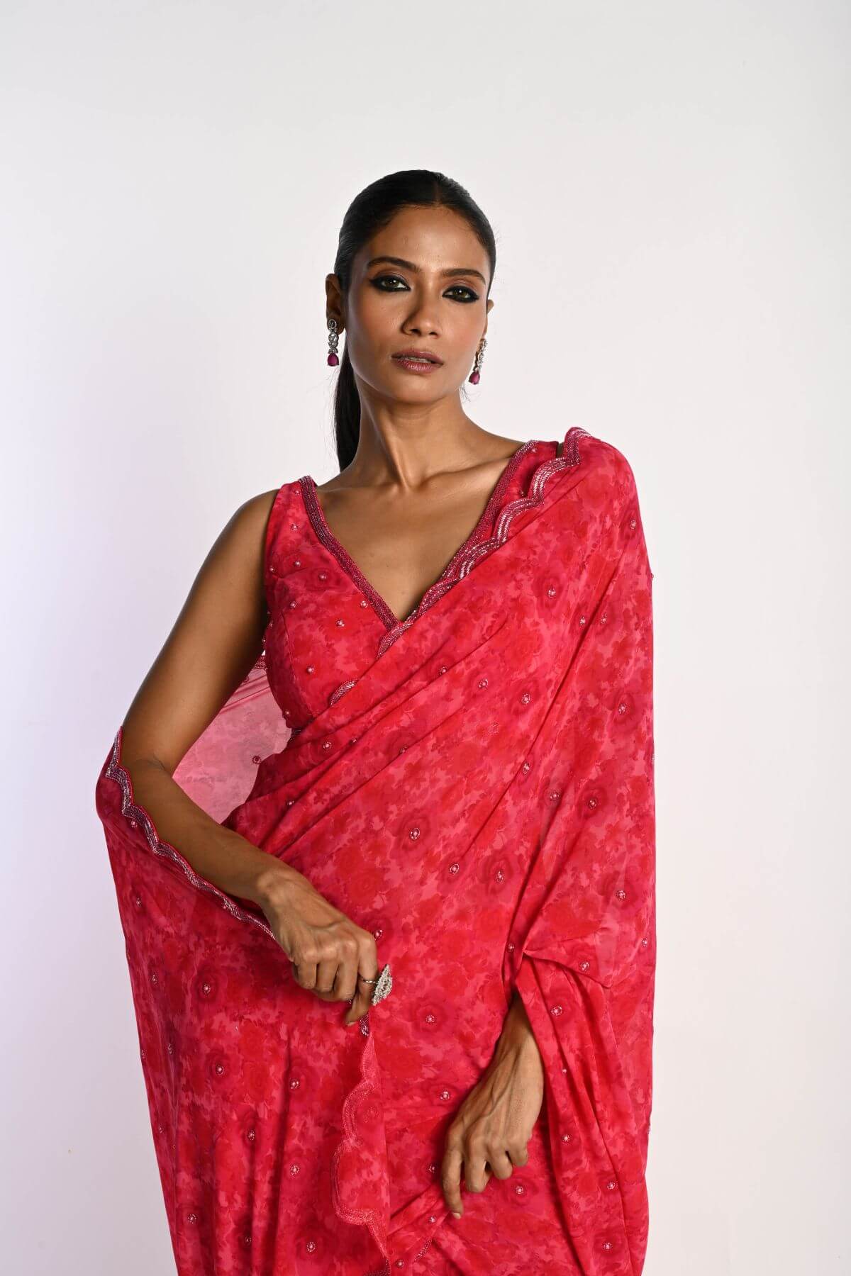 Pink Printed Saree in Georgette with Cut dana and Pearl Embroidery - Anvi Couture