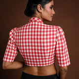 Red and White Gingham Print Cotton Blouse with Collar - Anvi Couture