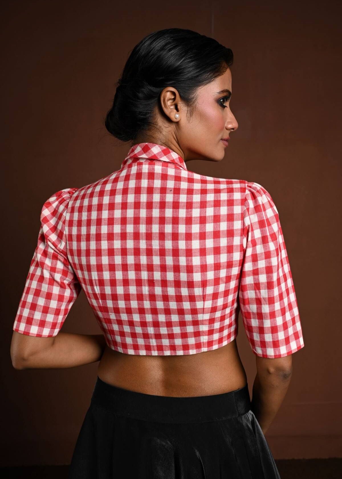 Red and White Gingham Print Cotton Blouse with Collar - Anvi Couture