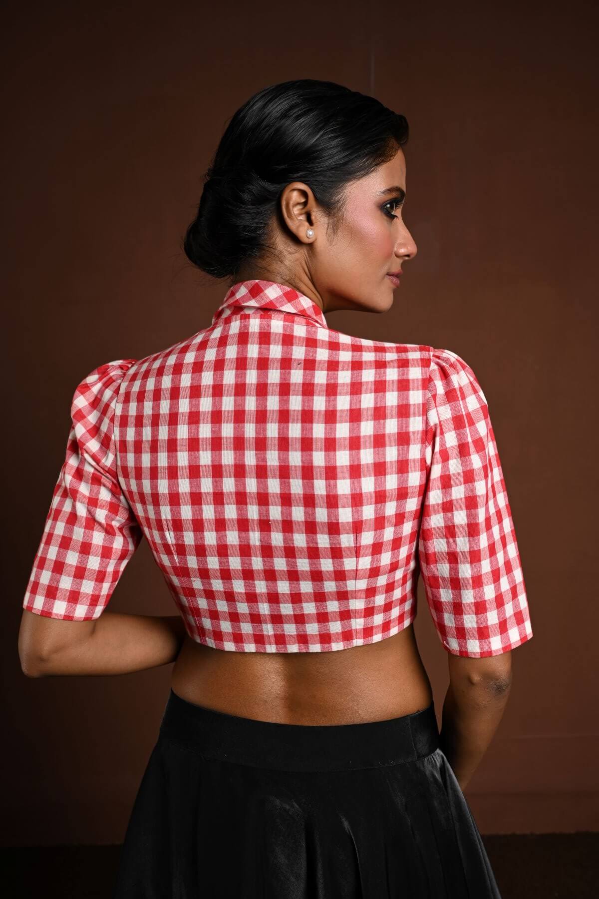 Red and White Gingham Print Cotton Blouse with Collar - Anvi Couture