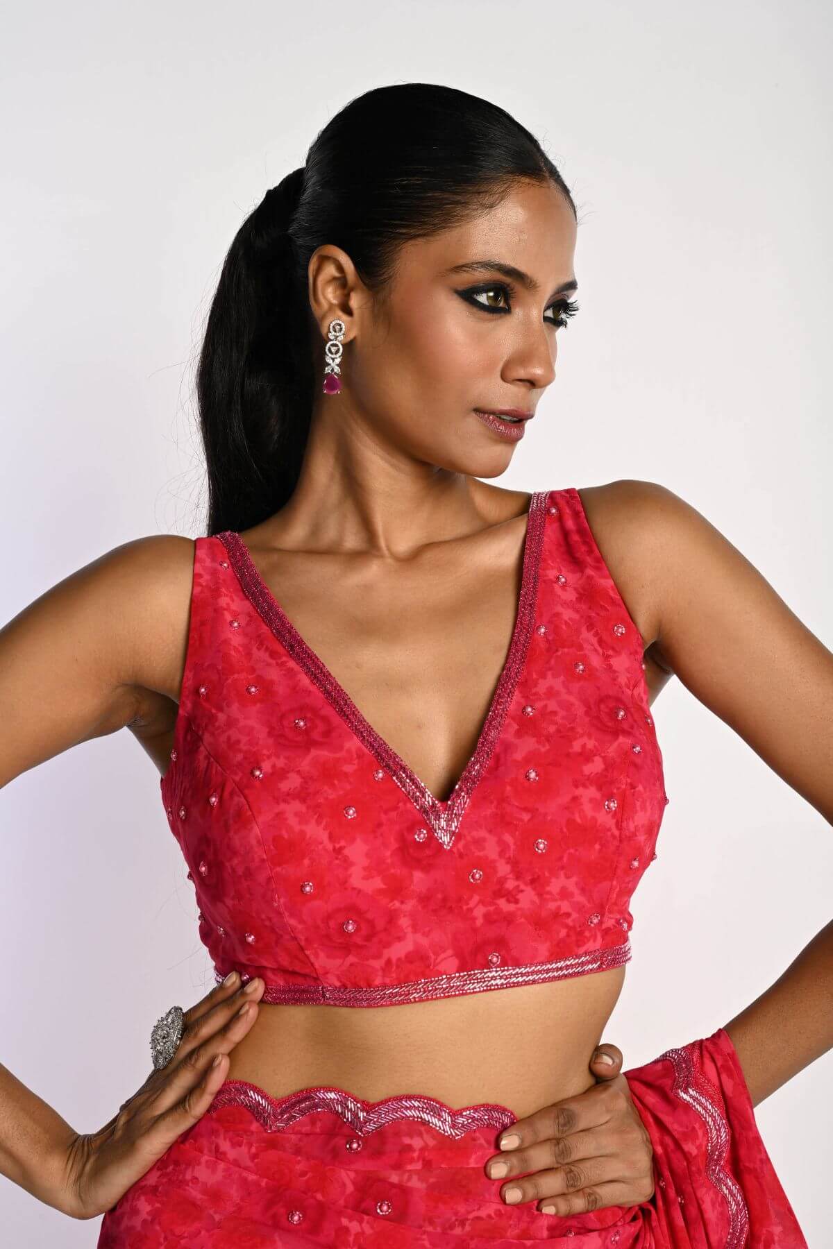 Pink Printed Saree in Georgette with Cut dana and Pearl Embroidery - Anvi Couture