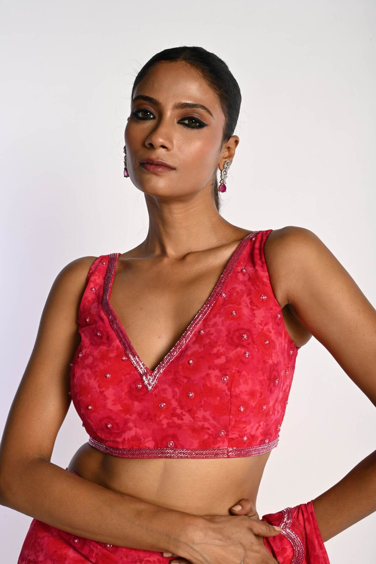 Pink Printed Saree in Georgette with Cut dana and Pearl Embroidery - Anvi Couture