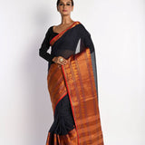 Dark Blue and Red Handwoven Mangalagiri Cotton Silk Saree with Blouse Piece - Anvi Couture