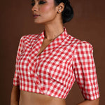 Red and White Gingham Print Cotton Blouse with Collar - Anvi Couture