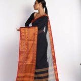 Dark Blue and Red Handwoven Mangalagiri Cotton Silk Saree with Blouse Piece - Anvi Couture