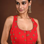 Red Hand Embroidered Blouse with Halter Neck Sleeves - Anvi Couture
