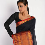 Dark Blue and Red Handwoven Mangalagiri Cotton Silk Saree with Blouse Piece - Anvi Couture