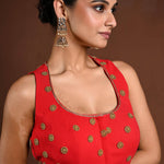 Red Hand Embroidered Blouse with Halter Neck Sleeves - Anvi Couture