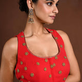 Red Hand Embroidered Blouse with Halter Neck Sleeves - Anvi Couture