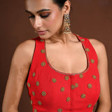 Red Hand Embroidered Blouse with Halter Neck Sleeves - Anvi Couture