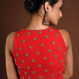 Red Hand Embroidered Blouse with Halter Neck Sleeves - Anvi Couture