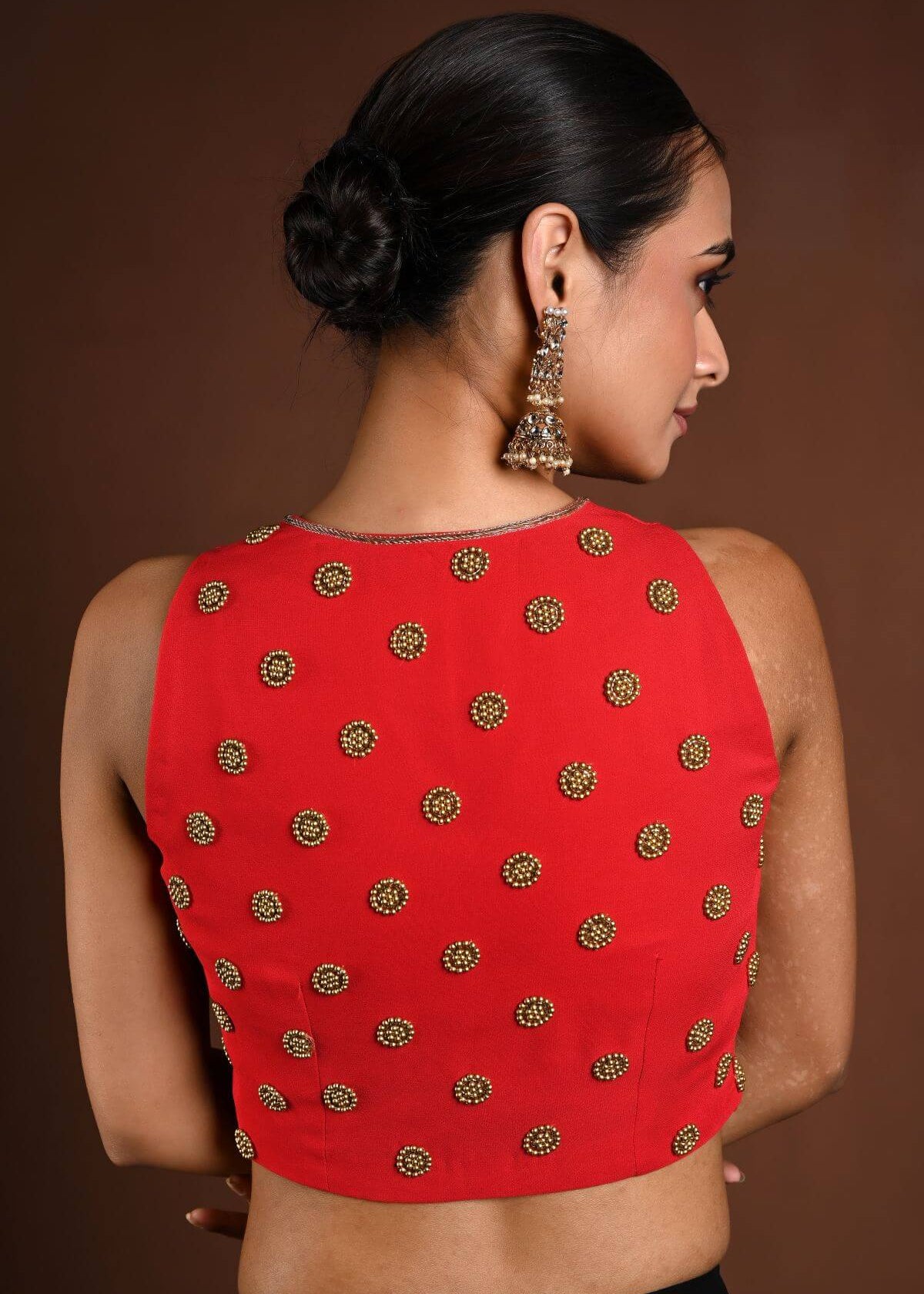 Red Hand Embroidered Blouse with Halter Neck Sleeves - Anvi Couture