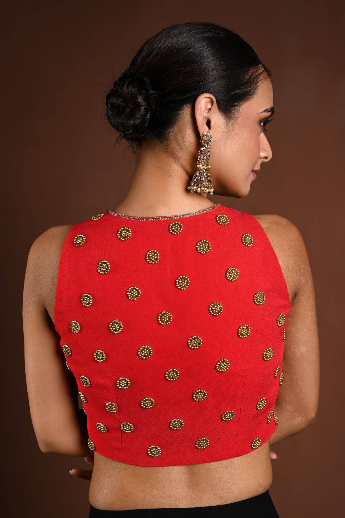 Red Hand Embroidered Blouse with Halter Neck Sleeves - Anvi Couture