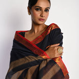 Dark Blue and Red Handwoven Mangalagiri Cotton Silk Saree with Blouse Piece - Anvi Couture