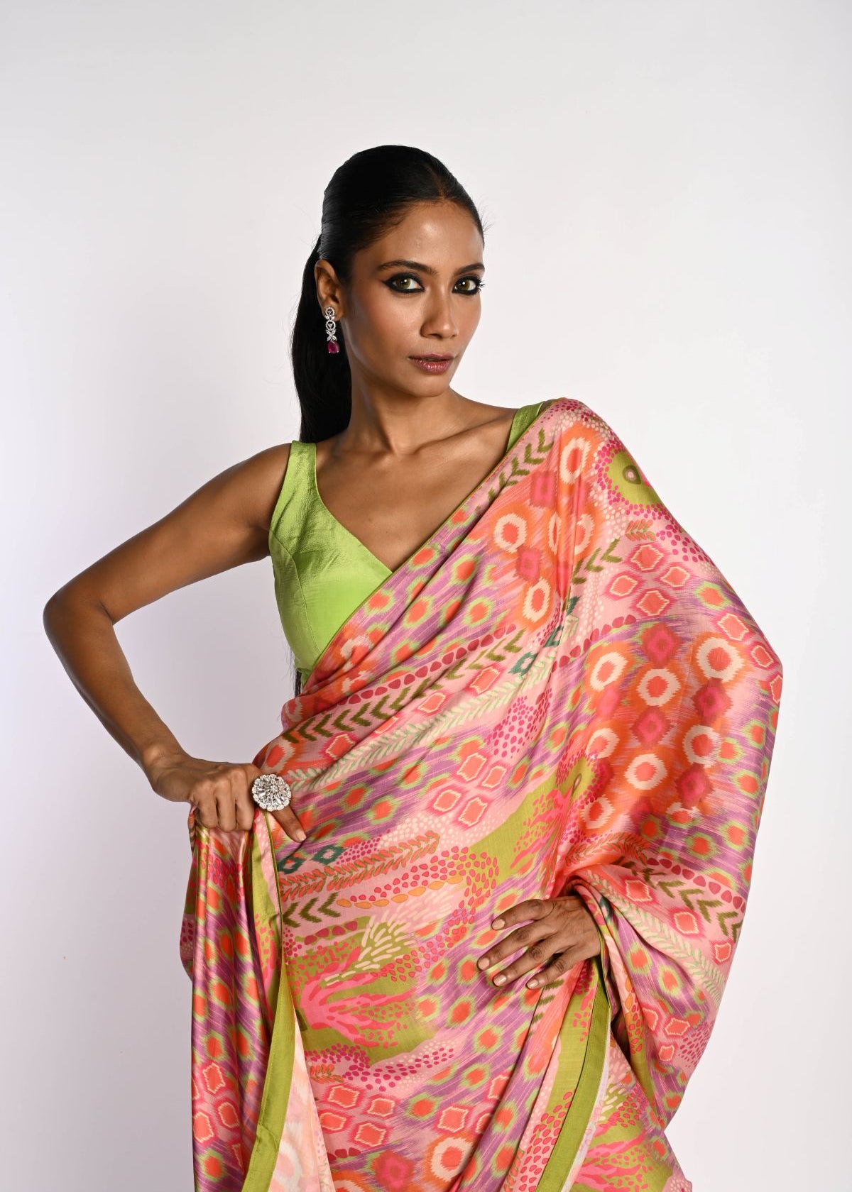Multicolor Printed Satin Silk Saree - Anvi Couture