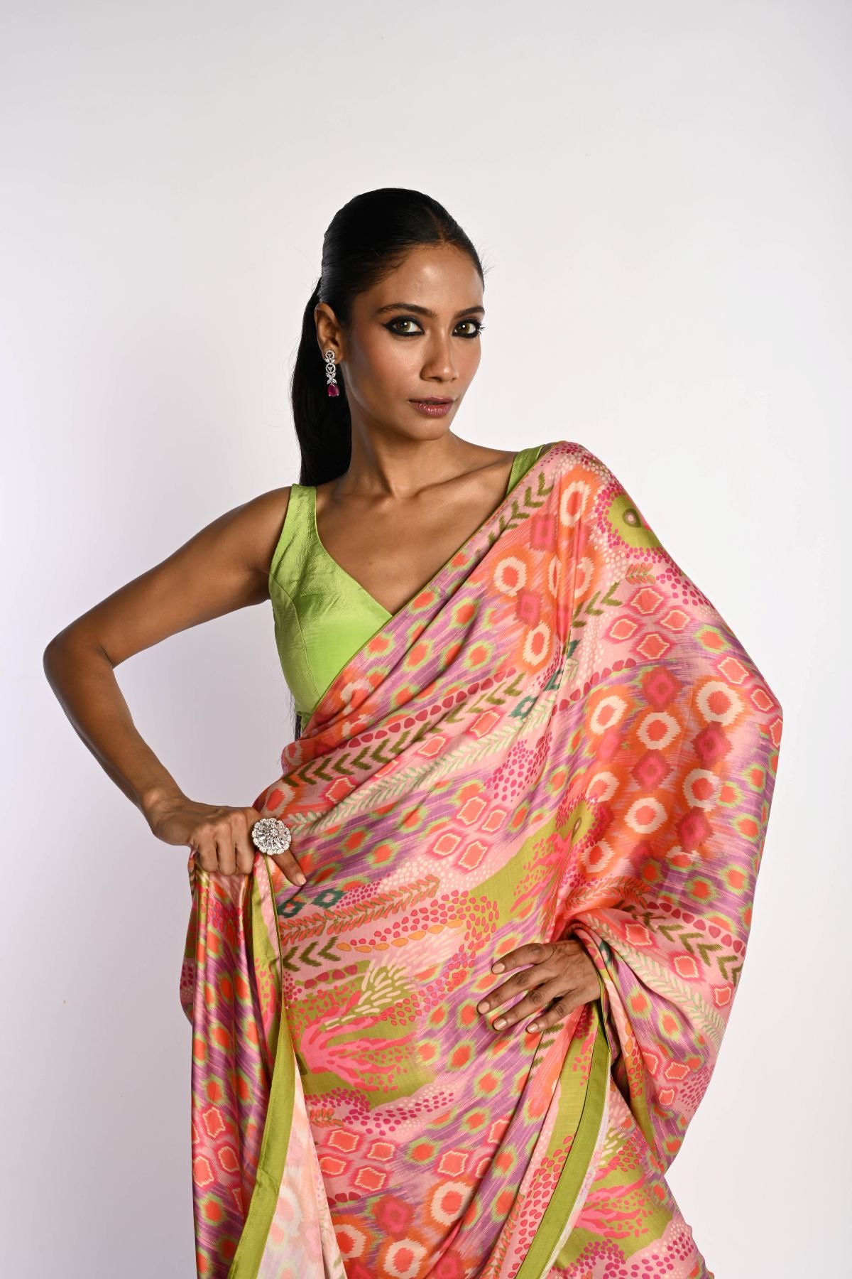 Multicolor Printed Satin Silk Saree - Anvi Couture