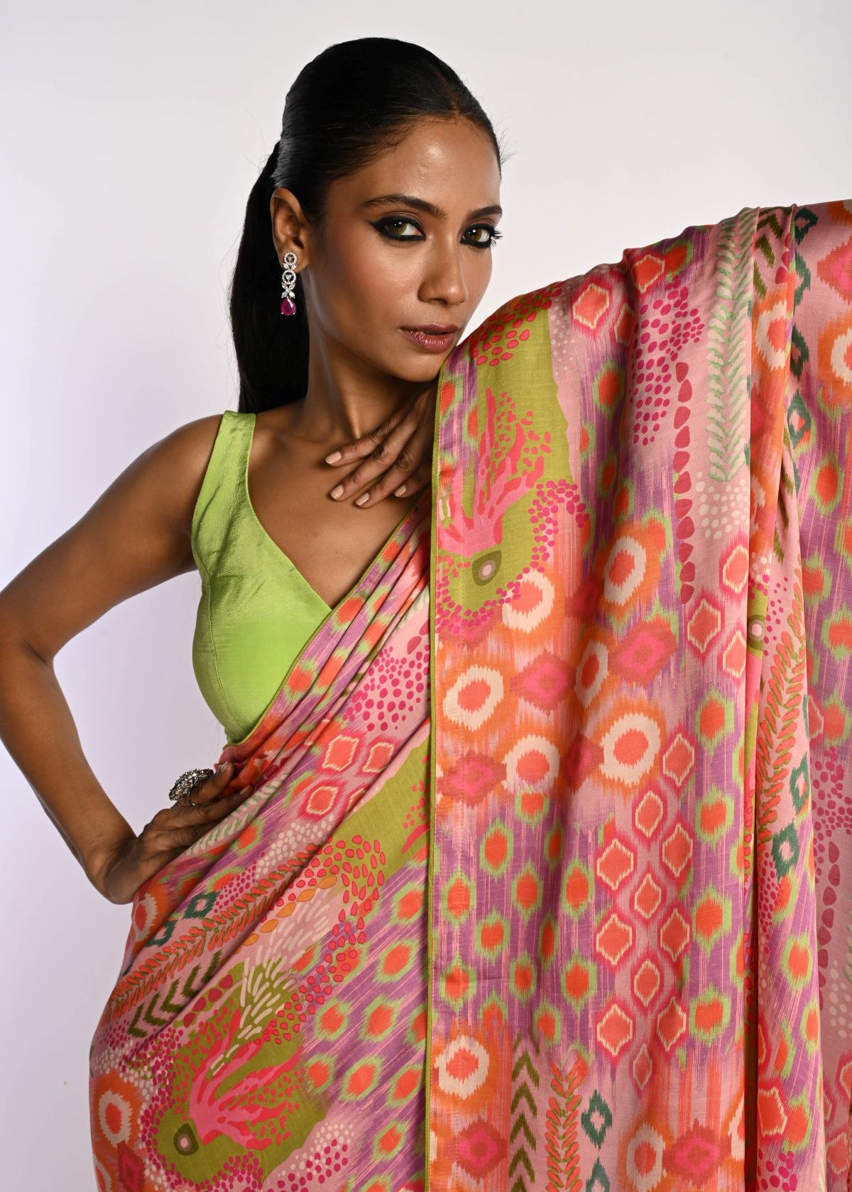 Multicolor Printed Satin Silk Saree - Anvi Couture