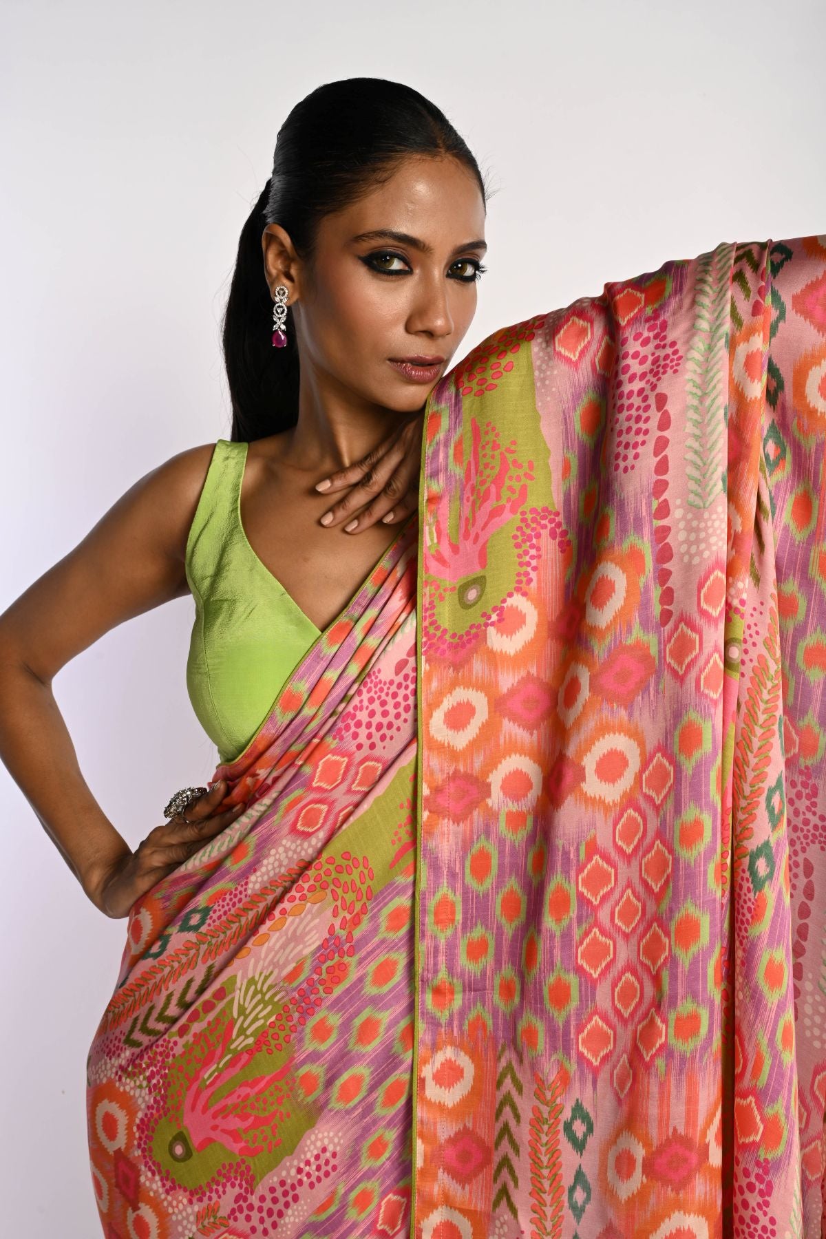 Multicolor Printed Satin Silk Saree - Anvi Couture