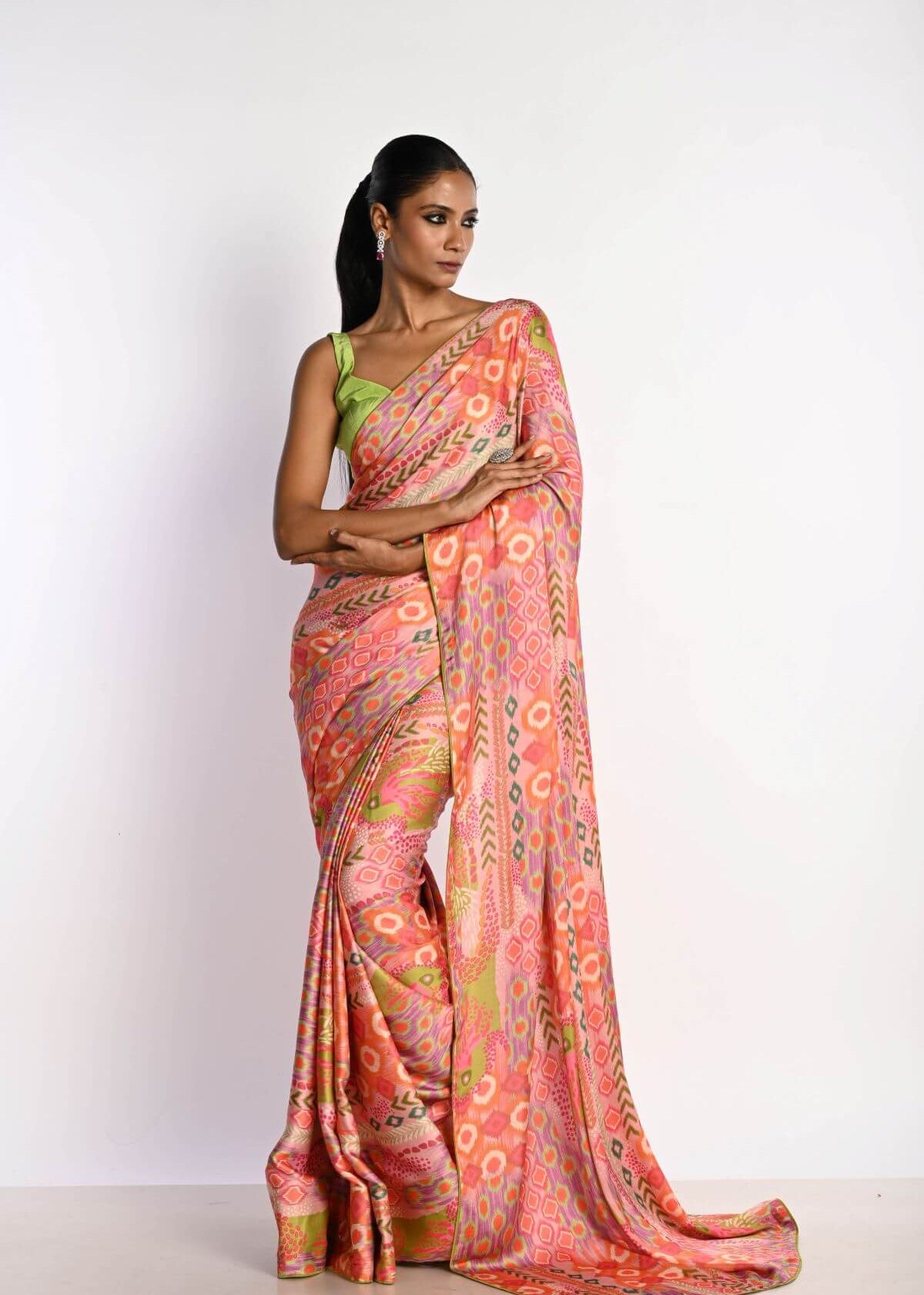 Multicolor Printed Satin Silk Saree - Anvi Couture