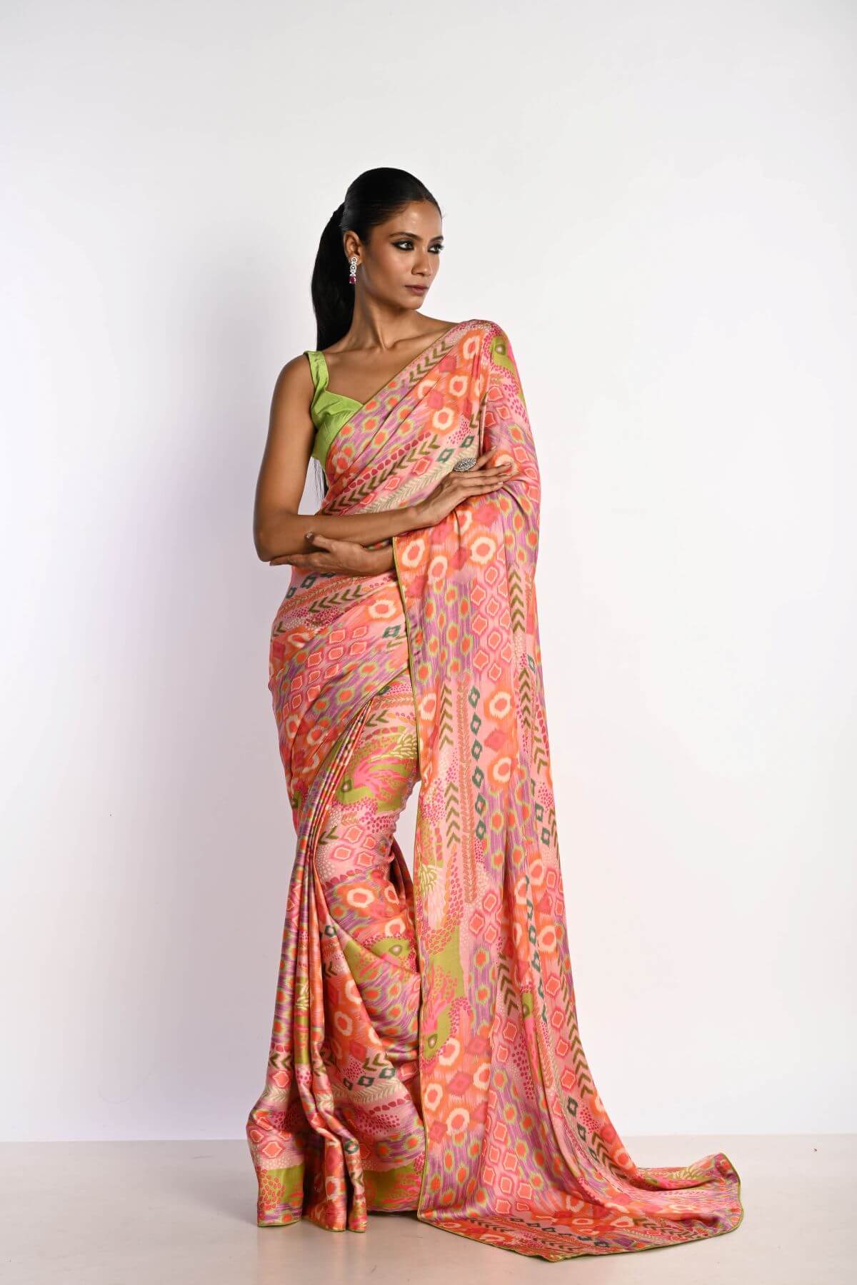 Multicolor Printed Satin Silk Saree - Anvi Couture