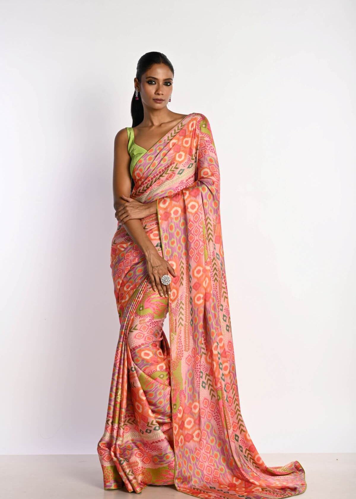 Multicolor Printed Satin Silk Saree - Anvi Couture