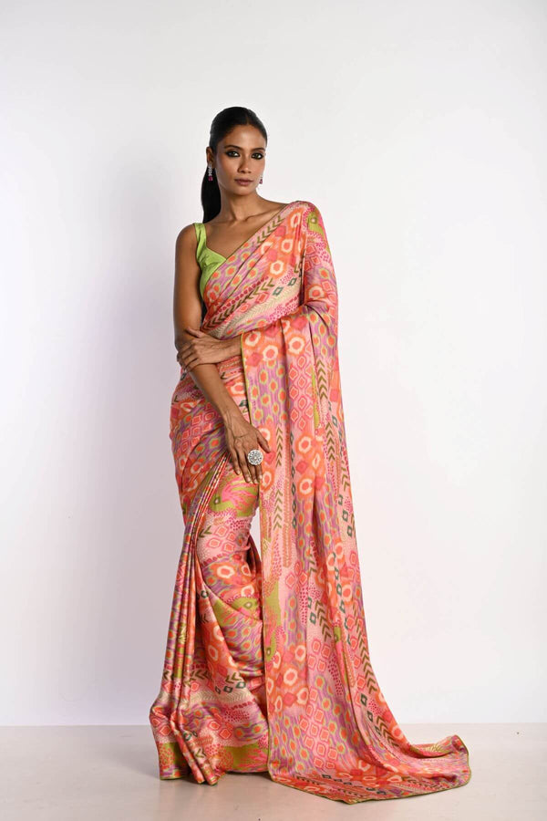 Multicolor Printed Satin Silk Saree – full front drape view