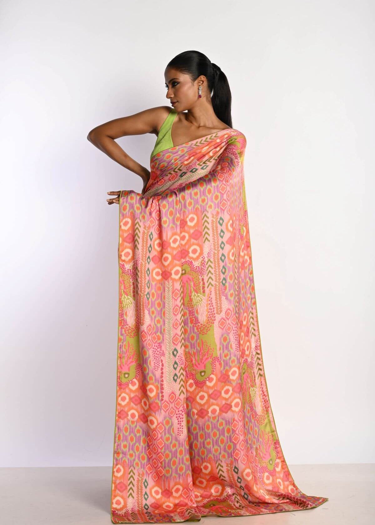 Multicolor Printed Satin Silk Saree - Anvi Couture