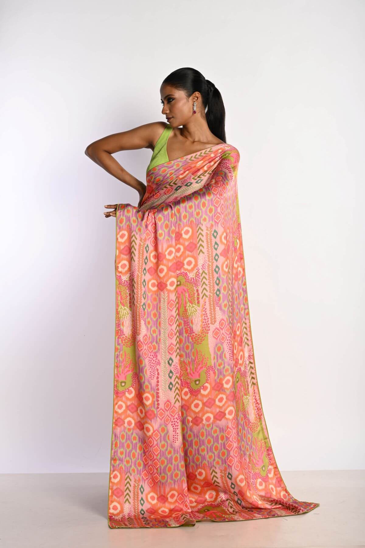 Multicolor Printed Satin Silk Saree - Anvi Couture