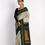 White Handloom Pure Silk Gadwal Saree with Green Border and Checks - Anvi Couture