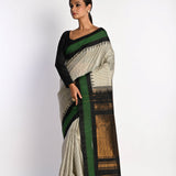 White Handloom Pure Silk Gadwal Saree with Green Border and Checks - Anvi Couture