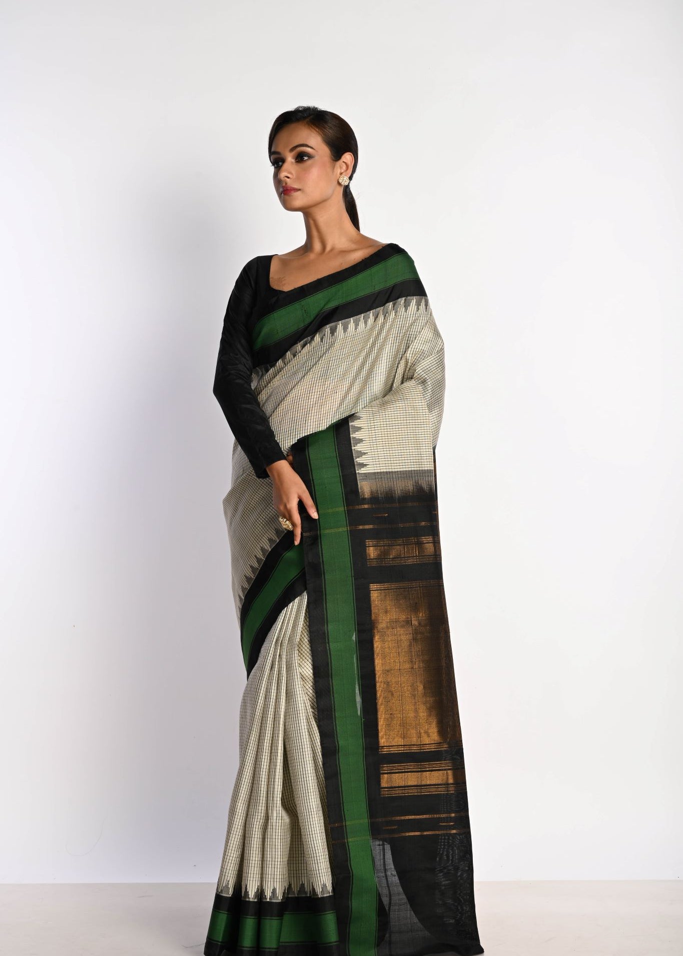 White Handloom Pure Silk Gadwal Saree with Green Border and Checks - Anvi Couture