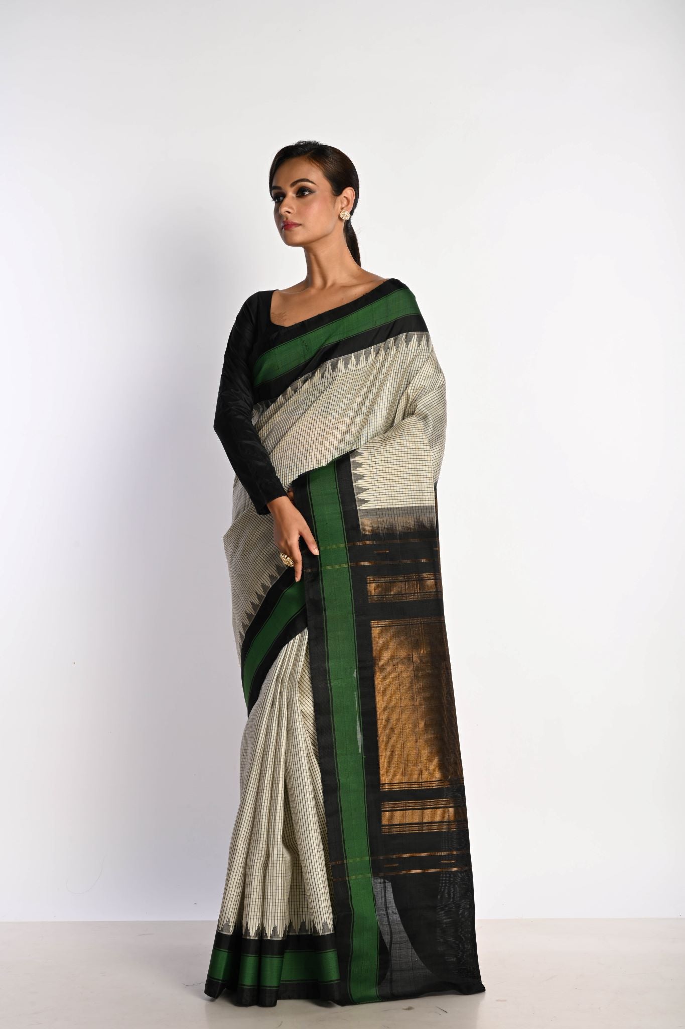 White Handloom Pure Silk Gadwal Saree with Green Border and Checks - Anvi Couture