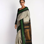 White Handloom Pure Silk Gadwal Saree with Green Border and Checks - Anvi Couture