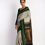 White Handloom Pure Silk Gadwal Saree with Green Border and Checks - Anvi Couture