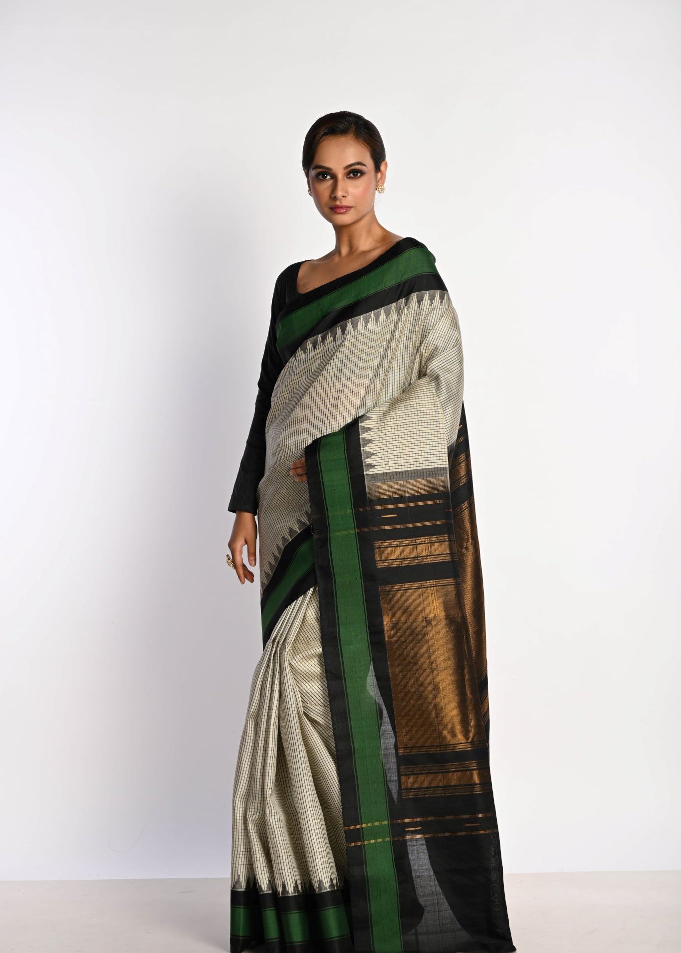 White Handloom Pure Silk Gadwal Saree with Green Border and Checks - Anvi Couture