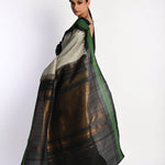 White Handloom Pure Silk Gadwal Saree with Green Border and Checks - Anvi Couture